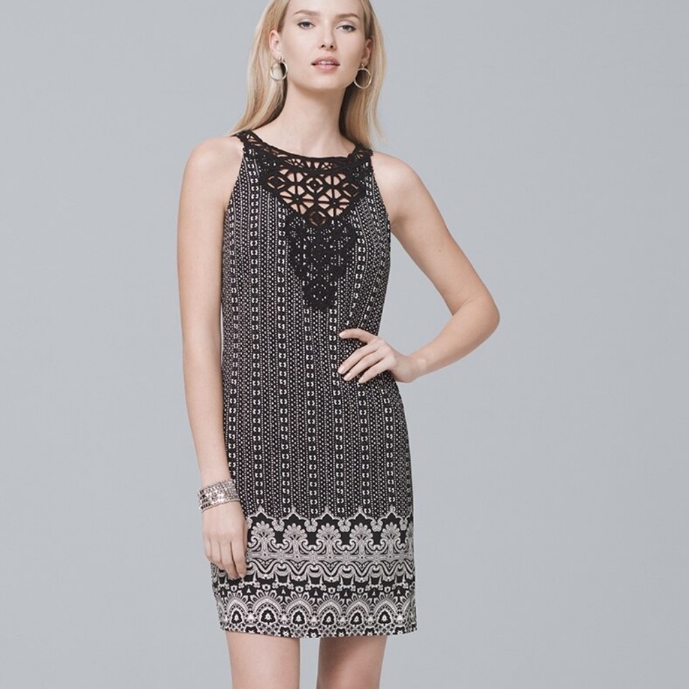 White House Black Market Crochet-Neck Printed Knit Shift Dress size Medium